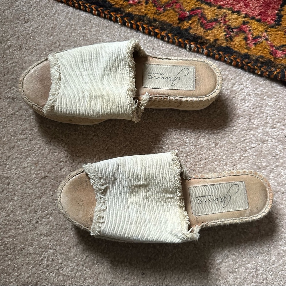 Cream Platform Espadrille Slip-On Shoes with Distressed Fringe Canvas
